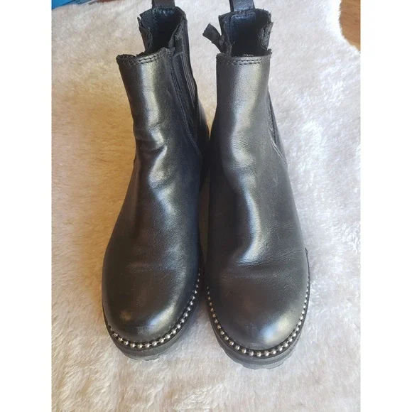 Sz 7.5M Steve Madden Gibson Leather Ankle Boots Bead Studded Chunky Boot  Black - Picture 3 of 8